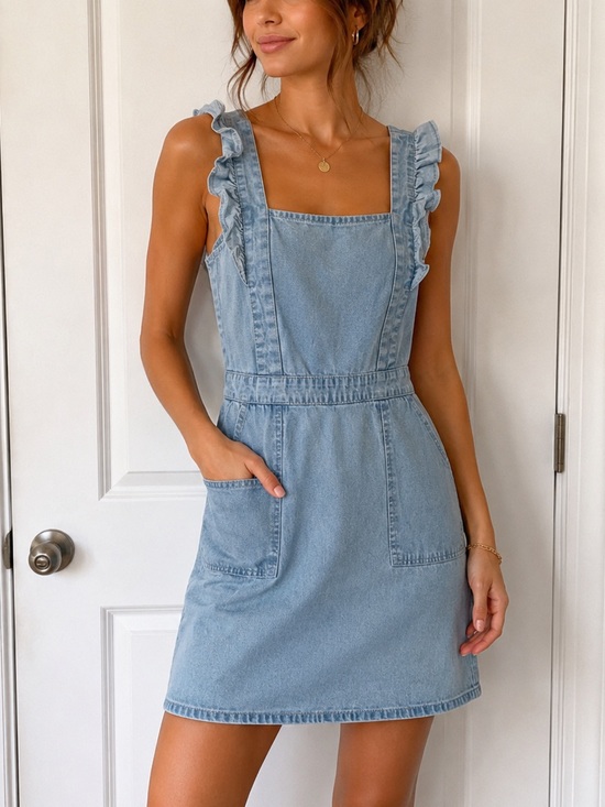 Japna Dresses & Skirts - Japna Ruffled Sleeve Denim Chambray Mini Dress with Pockets - Size XS